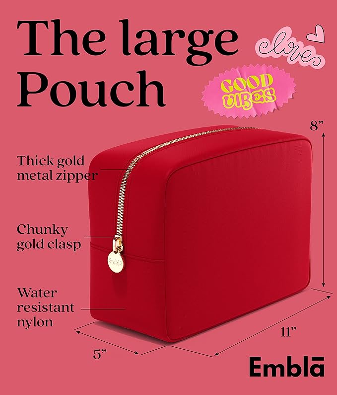 Embla Makeup Bag Travel Cosmetics Pouch and Toiletry Bag, Nylon Zipper Pouch Purse, Cute Make Up Organizer Storage Tote for Women Girls, Waterproof Travel Skincare Case, Small Makeup Bags, Ruby Red