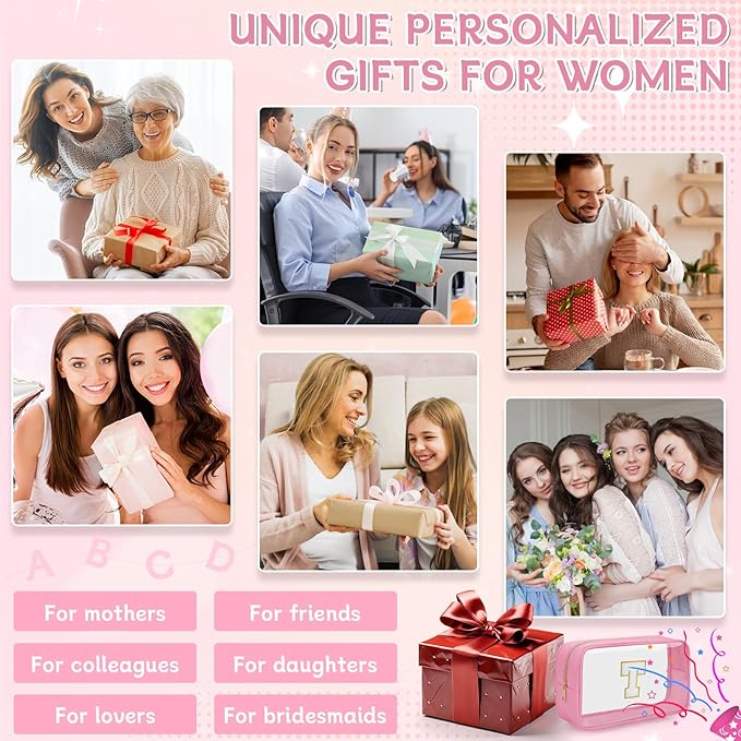 Personalized Initial Clear Makeup Bag, Travel Chenille Patch Cosmetic Bag, Preppy Toiletry Bag Monogram Cosmetic Pouch with Zipper, Ideal Gift for Teen Girls Women (Clear-Pink, T)