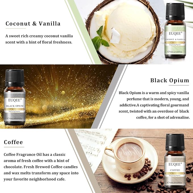 EUQEE 6PCS Coffee Fragrance Oil Set(10ml), Premium Fragrance Essential Oils Set for Candle Making, Diffuser-Coffee, Chocolate, Cake, Coconut Cream, Coconut & Vanilla