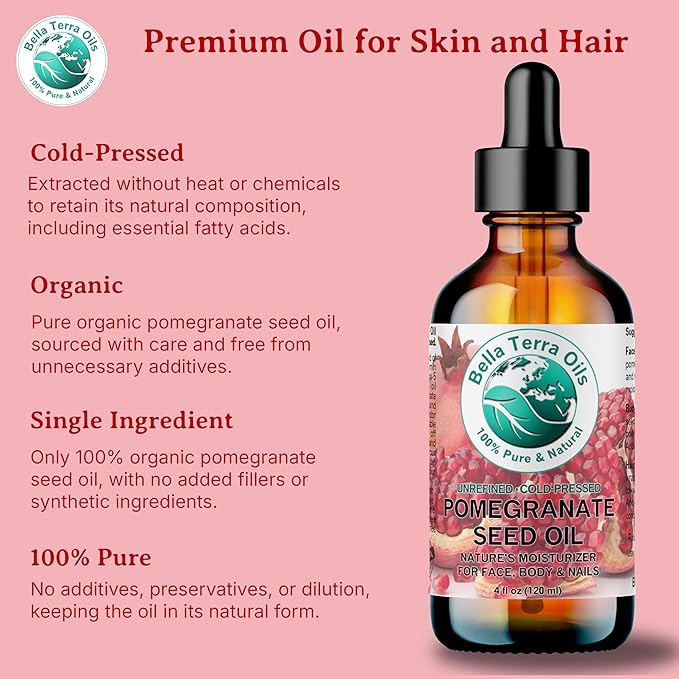 Bella Terra Oils - Organic Pomegranate Seed Oil 16 oz - Revel in The Essence of Punicic Acid & Ellagic Acid, Nature’s Gift for Radiant & Nourished Skin