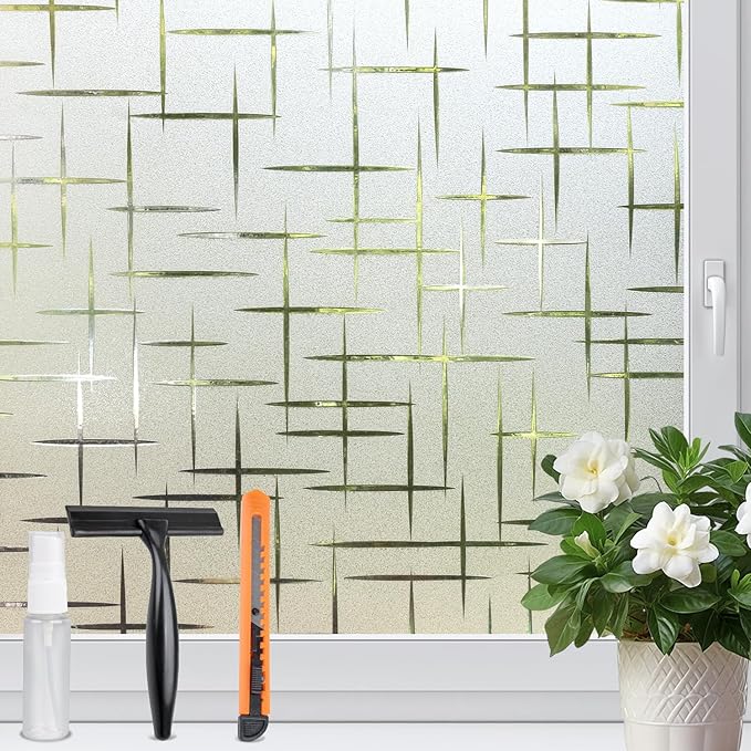 HIDBEA Window Privacy Film, Decorative Staic Cling Frosting Film, Heat Control UV Blocking Non-Adhesive Window Sticker for Home, Cross Pattern,29.5 X 78.7 Inches