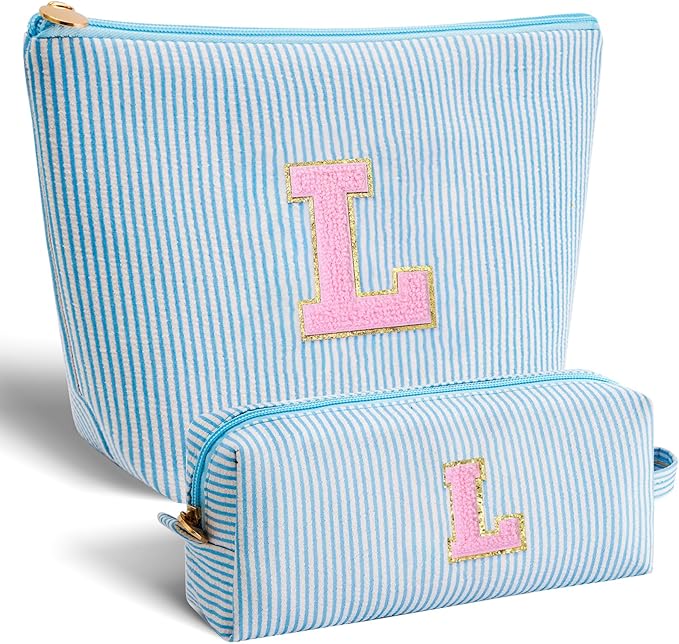 Monogrammed Gifts for Women - Cosmetic Bag for Teen,Initial Cute Makeup Bag Set for Women,Trendy Pouch for Niece Sister Friend Female Her,Birthday Gifts for Daughter - Blue,L