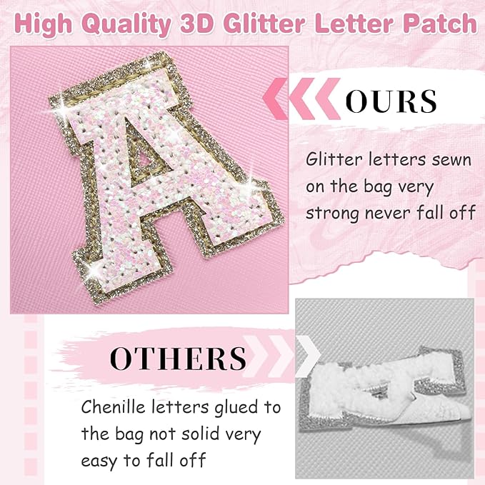 Small Personalized Initial A-Z Patch Makeup Bag,Pink Cute PU Leather Glitter Letter Cosmetic Bag for Teen Girls,Travel Toiletry Bag with Zipper,Preppy Monogrammed Birthday Gift for Daughter Niece Q