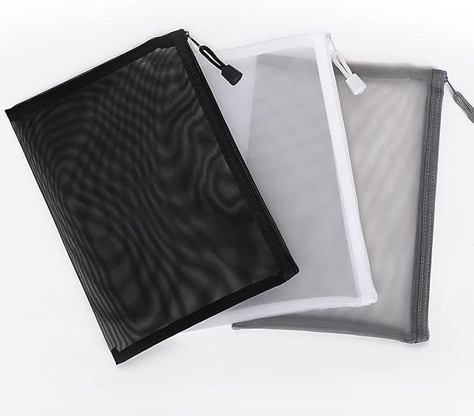 12 Pieces Zipper Nylon Mesh Pouch, Mesh Cosmetic Bags Makeup Bags Pencil Case, Multipurpose Travel Bags for Cosmetic School Office Supplies and Travel Accessories (Black,White,Grey, A5)
