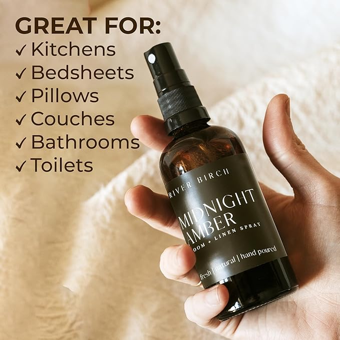 River Birch Luxury Linen and Room Spray - Midnight Amber Home Signature Scent - Room Fragrance Spray - Fragrant Fresh Linen Air Freshener For Bedding - Handmade in Texas - 4 oz Glass Amber Bottle