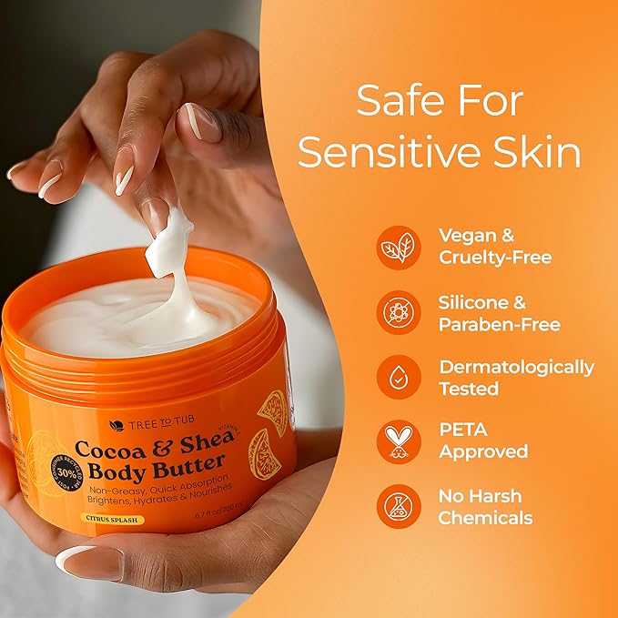 Tree to Tub Shea Body Butter for Dry, Extremely Dry, Sensitive Skin - Moisturizing Body Cream for Women & Men, Hydrating Body Lotion Moisturizer w/Vitamin C, Organic Cocoa, All Natural Citrus Scent