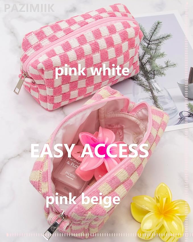 PAZIMIIK Checkered Makeup Bag for Purse Portable Zipper Make Up Pouch Small Cosmetic Case for Travel Accessories Pink Beige