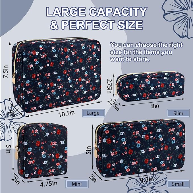 Waterproof Large Floral Makeup Pouch,Nylon Travel Toiletry Storage Purse Preppy Cosmetic Bag for Women Girl,Large Capacity Makeup Organizer Zipper Pouch for Work(L Black-Flowers)