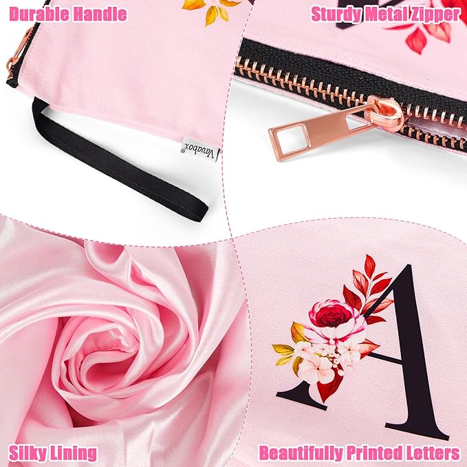 Vavabox A-Z Personalized Makeup Bag, Birthday Gifts for Women Mom, Gifts for Best Friend, Bride Bridesmaid Cosmetic bag (F, Pink)
