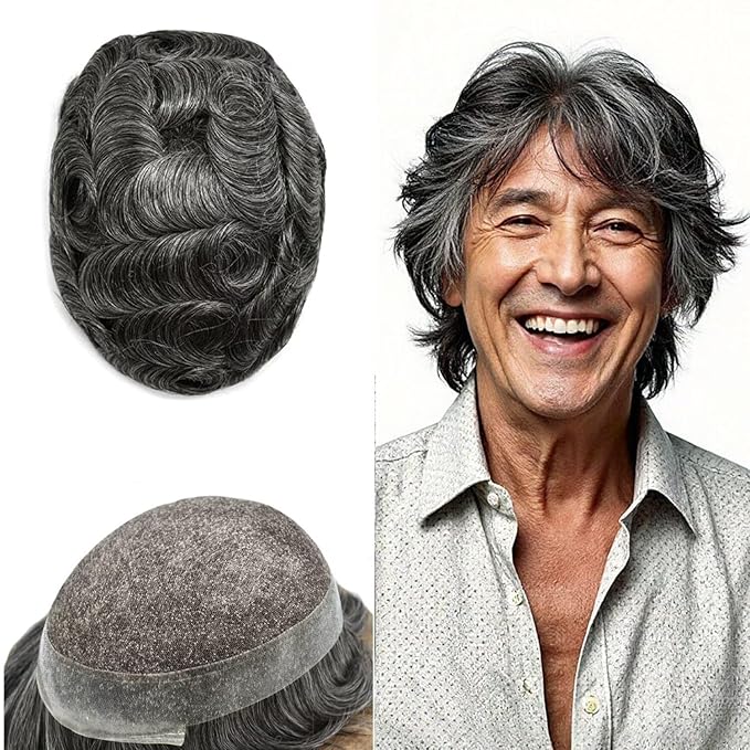 FACE MIRACLE Toupee for Men French Lace Hairpiece Human Hair Replacement System Skin PU Mens Toupee Hair Wigs for Man V-Looped Front Hair Prosthesis 7"X9" #1B50 1B# OFF BLACK WITH 50% SYNTHETIC GREY
