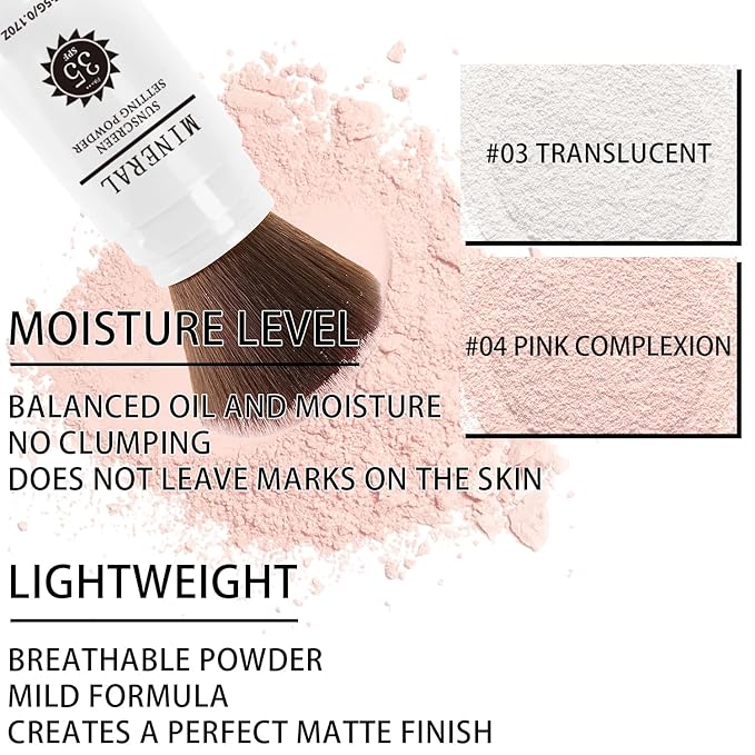 Sunscreen Setting Powder SPF 35, Mineral Brush Powder for Face & Scalp, Oil Control Natural Matte Finish Loose Powder Translucent Lasting Lightweight Breathable for All Skin (03# White)