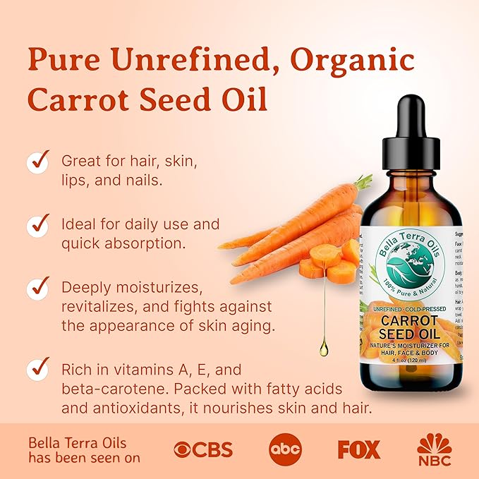 Bella Terra Oils - Organic Carrot Seed Oil 8 oz - Not Just for Tanning, Packed with Antioxidants, Cold-Pressed for Ultimate Skin Embrace & Natural Shine