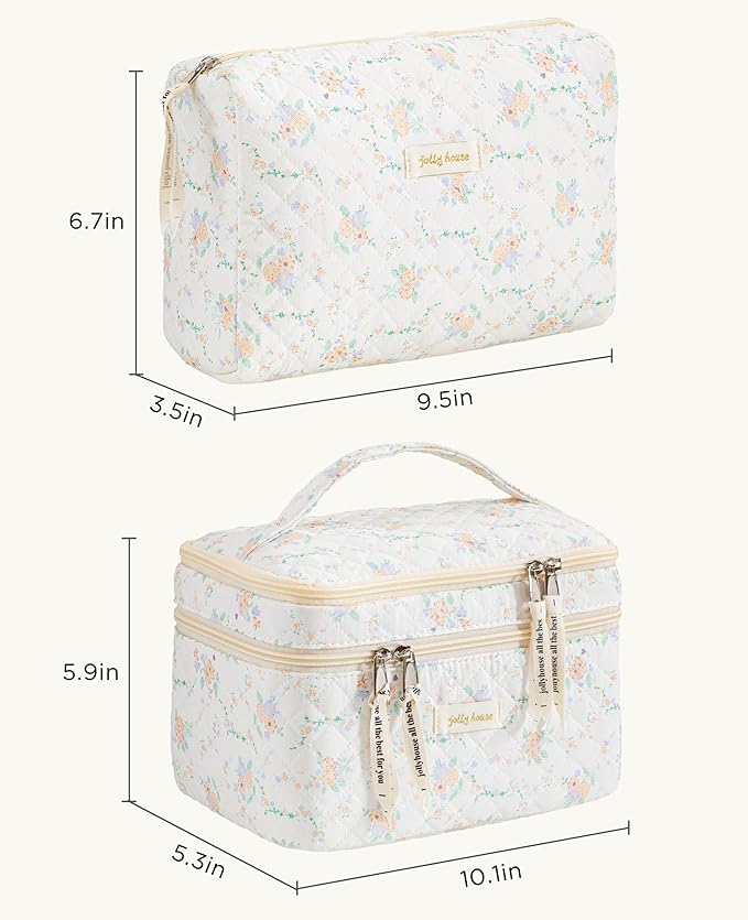 HBselect 2Pcs Travel Makeup Bag, Large Cotton Quilted Makeup Bag Cosmetic Bag Cute Make up Bag Toiletry Bags for Women Girls