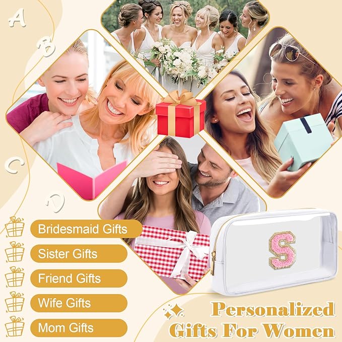 Personalized Initial Letter Clear Makeup Bag,Preppy Small Nylon&PVC Cosmetic Zipper Bag with Chenille Letter,Travel Skincare Toiletry Bag,Monogram Christmas Gift for Teen Girls Women,S