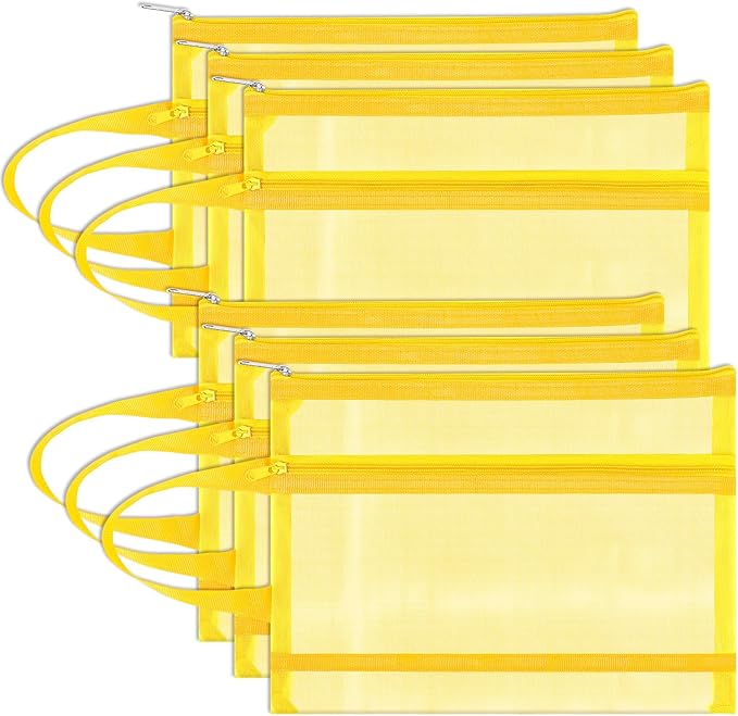 6 Pack Mesh Zipper Pouch Bags, Double Layer Nylon Pouch with Handle for Office Travel Organization (Yellow, A4)
