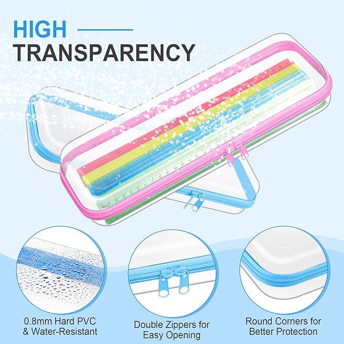 Hoolerry 4 Pcs Hard Clear Zipper Case Makeup Bags Plastic Pencil Pouch Transparent Storage Box Containers for Cosmetics, Snacks, Building Blocks, Puzzles(Pastel,13.2 x 4.7 x 2.4 in)