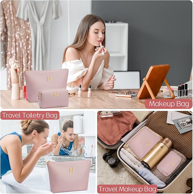 Women Gifts | Initial Makeup Bag Set for Girl Personalized Gifts for Bridesmaid Friend Graduation Teachers PU Leather Cosmetic Travel Toiletry Bag(Pink,N)