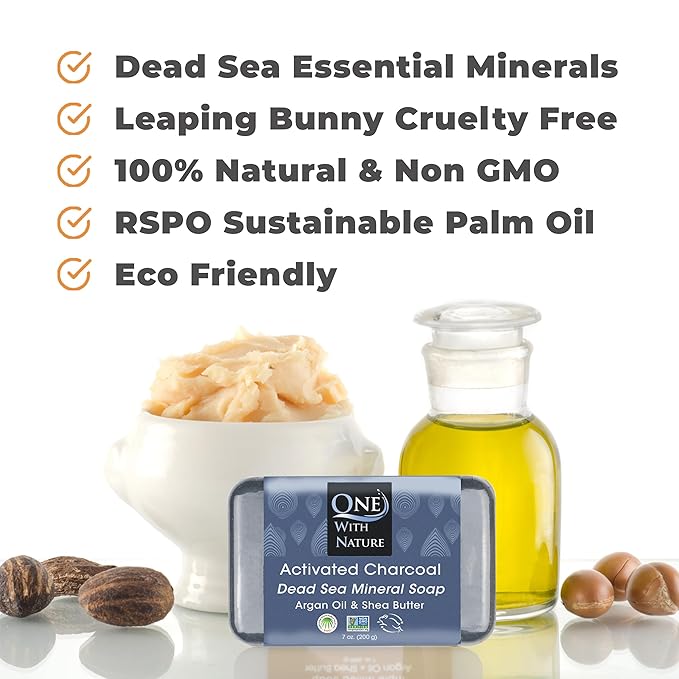 One With Nature Activated Charcoal Soap 4oz 6-Pack Gift Box – Detoxifying and Exfoliating Charcoal Soap Bar with Dead Sea Salt for Face & Body, for Men & Women