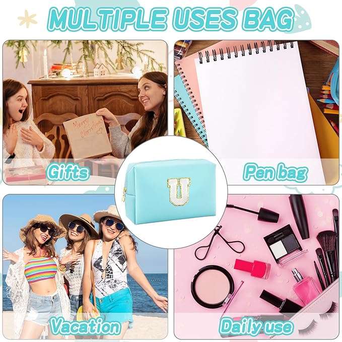 Gifts for Girls Initial Makeup Bag Personalized Cosmetic Bag with Zipper Cute Travel Toiletry Bag Waterproof PU Preppy Makeup Pouch Birthday Gift for Teen Girls Women(Blue U)