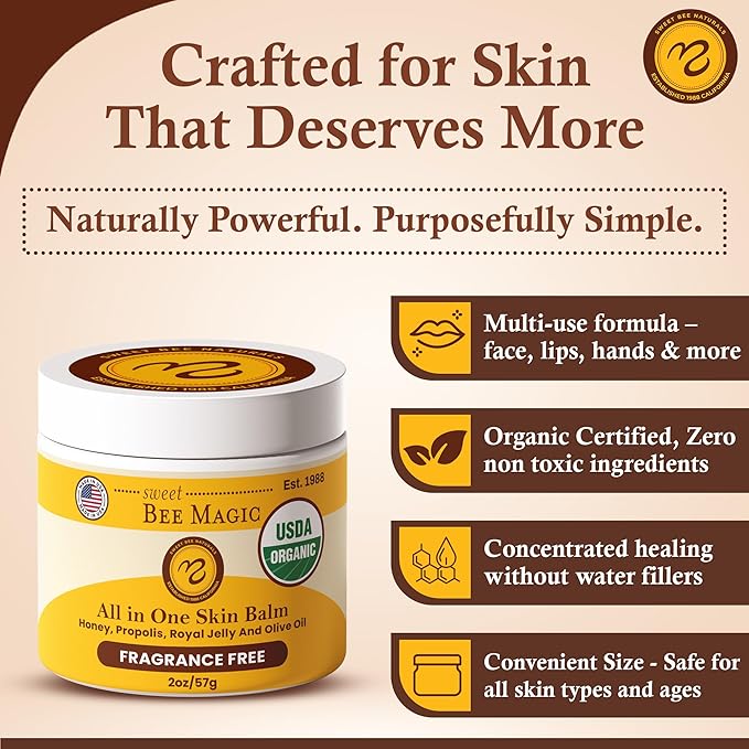 Sweet Bee Magic All In One Healing Organic Balm - Natural Skin Healing Cream, Beeswax Balm for Dry Skin, Face & Body Moisturizer - Certified Organic, All Natural Aid - 6 Jars - (2oz Each, 12oz Total)