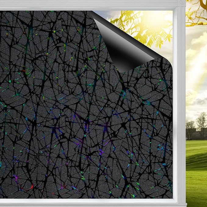 QHY Sunshine Total Blackout Window Film Privacy， Frosted Glass Window Film，Black Window Tint， No Glue， Detachable, no Marks, Suitable for Repeated use (Black, 35.4 in X 157.4 in)