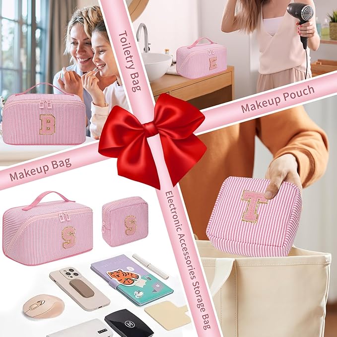 Travel Makeup Bag for Women, 2Pcs Portable Personalized Initial Makeup Organizer Bag, Open Flat Large Cosmetic Bag With Travel Essential Pouch (Pink Letter E)