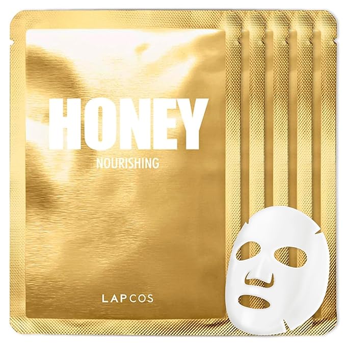 LAPCOS Honey Sheet Mask, Daily Face Mask with Hyaluronic Acid and Antioxidants to Hydrate and Tighten Dry Skin, Korean Beauty Favorite, 5-Pack
