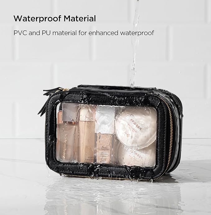 HBlife Clear Makeup Organizer, Portable Travel Toiletry Cosmetic Case for Women, Medium Make Up Train Case Transparent Storage Pouch with Handle(Black)