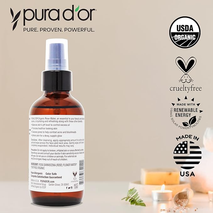 PURA D'OR 4 Oz Organic Rose Water Toner - USDA Certified 100% Pure Full Skin Hydration, Control Excess Oils- Cleanses & Softens - Promotes Healthy Skin - for All Skin Types (Packaging May Vary)