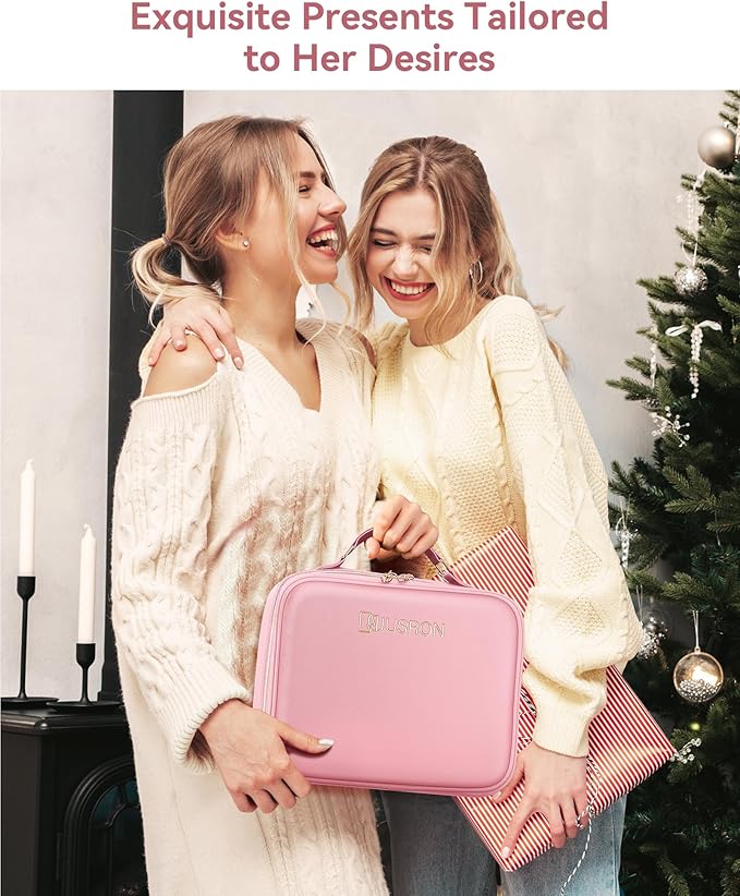 JUSRON Travel Makeup Bag With LED Mirror, Train Case with Light up Mirror, Portable Makeup Artist Organizer Bag with Adjustable Dividers, Makeup Brush Holder Storage (Pink, Large)