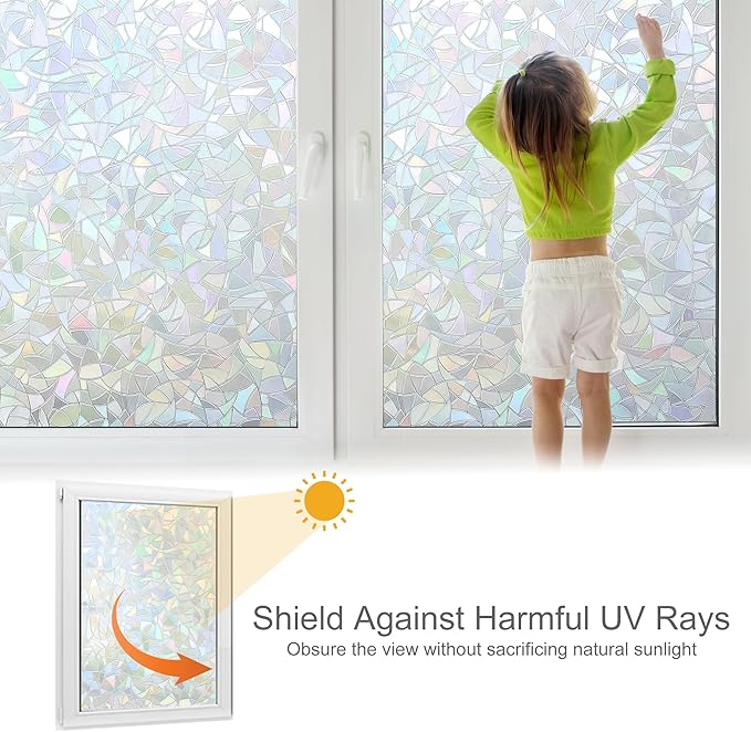 Volcanics Rainbow Window Privacy Film - Decorative Stained Glass Film, Static Window Clings, Heat Control Tinting - Grayish Silver, 35.4 x 78.7 inches