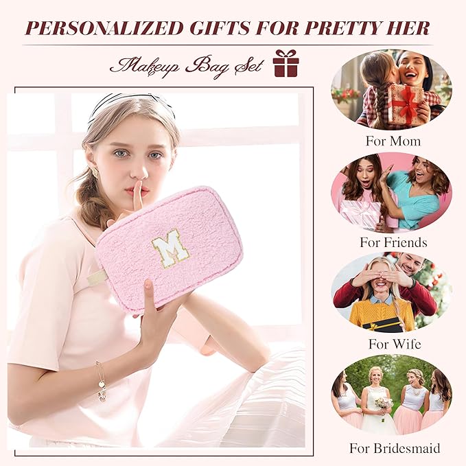2PCS Makeup Bag with Initials, Christmas Day Gifts for Teen Girls Trendy Stuff, Personalized Cosmetic Travel Bag Pouch for Granddaughter, Cute Plush Make up Bags for Birthday - Pink C
