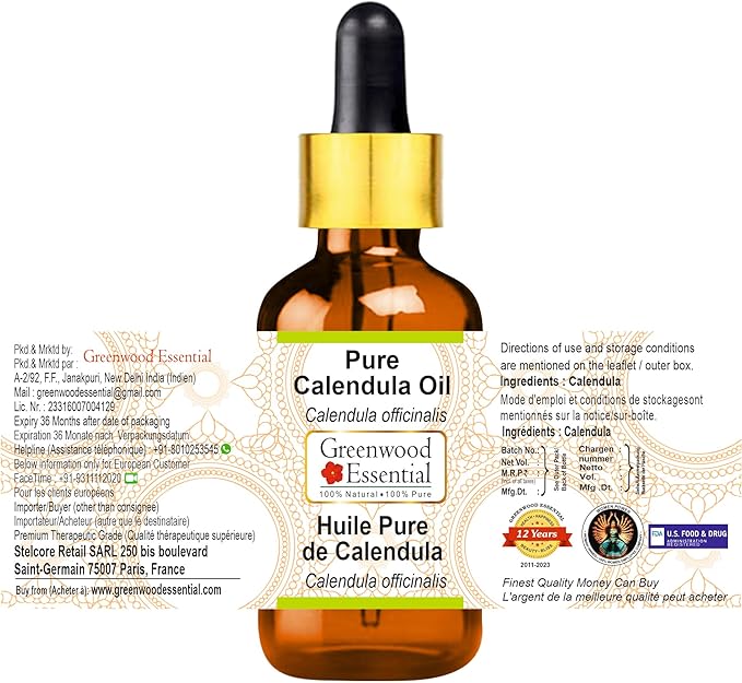Greenwood Essential Calendula Oil (Calendula officinalis) with Glass Dropper | Infused | Pure | Non-Sticky | Lightweight | Mild Formula | For Daily Skincare | Unisex | All Skin Types | 30ml (1 oz)