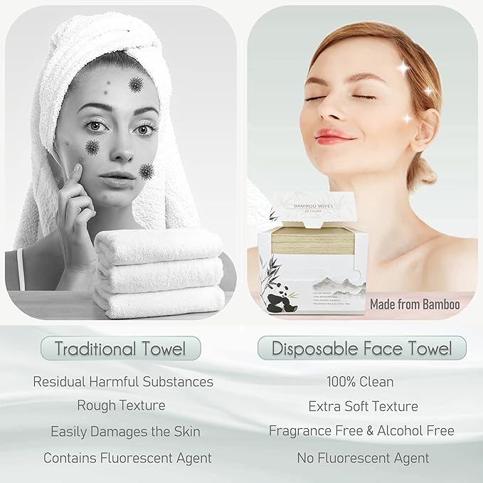 Bamboo Rayon Disposable Face Towel Biodegradable Large Dry Face Wipes 60 Count/1 Box Extra Thick Soft Clean Facial Towels for Sensitive Skin, Makeup Removing, Facial Cleansing, Nursing, Travel