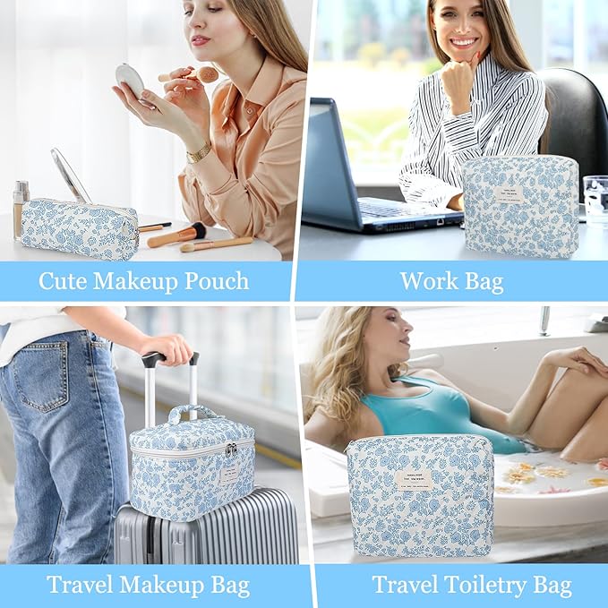3pc Makeup Bag Set, Quilted Makeup Bag Set, Large Floral Cosmetic Bag for Women, Cute Cotton Makeup Bags, Flower Travel Toiletry Organizer Bag (Checkered)