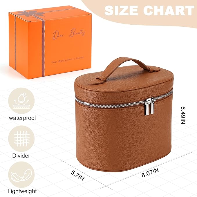 Makeup Bag Vanity Case Cosmetic Bag with Removable Divider Travel Toiletry Bag for Women Portable Make up Box Organizer, Brown