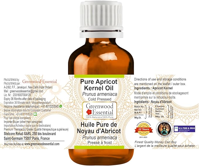 Greenwood Essential Pure Apricot Kernel Oil (Prunus armeniaca) Cold Pressed 50ml (1.69 oz)