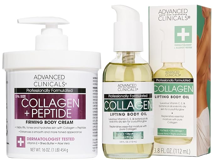 Advanced Clinicals Collagen Peptides Firming Body Lotion Face Cream + Collagen Body Oil Moisturizer 2PC Skin Care Set For Women & Men | Skin Tightening Dry Skin Moisturizing Cream & Massage Oil, 2PC