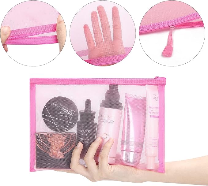 12 Pieces Zipper Nylon Mesh Pouch, Mesh Cosmetic Bags Makeup Bags Pencil Case, Multipurpose Travel Bags for Cosmetic School Office Supplies and Travel Accessories (Pink, A5)