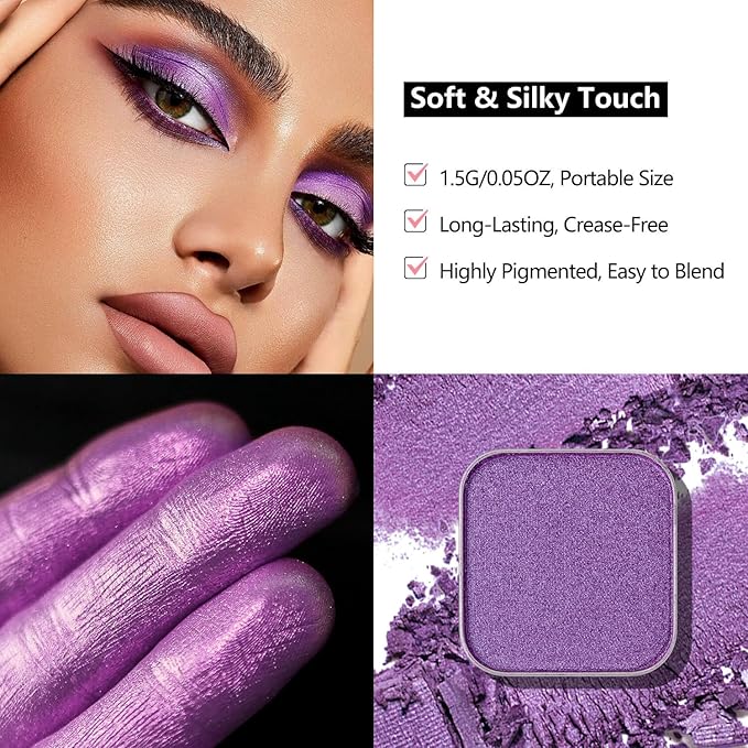 Single Purple Eyeshadow Matte Shimmer Finish Soft Texture High Pigment Long Lasting Magnetic Refill for DIY Eyeshadow Palette (Amethyst)