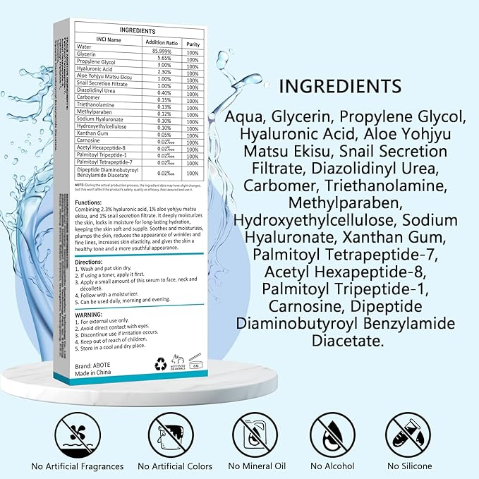 ABOTE 2.3% Hyaluronic Acid Serum for Face with 1% Snail Secretion Filtrate Deep Moisturizing Anti-Aging Anti-Wrinkle (3Pack-Each 0.507 fl.oz | 15ml)