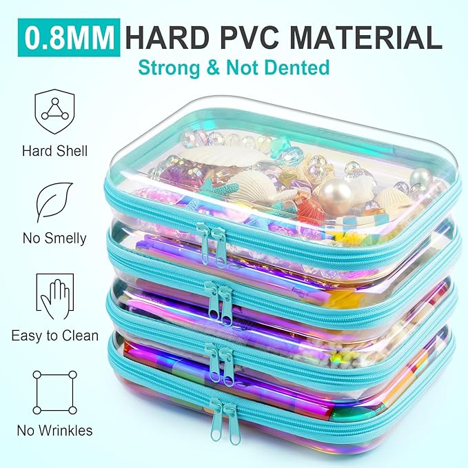 Hoolerry 4 Pcs Hard Clear Zipper Case Makeup Bags Plastic Pencil Pouch Transparent Storage Box Containers for Cosmetics, Snacks, Building Blocks, Puzzles(Blue Laser,9.8 x 7.9 x 2 in)