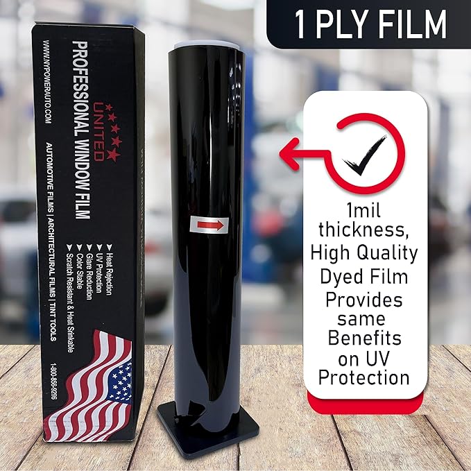 United Window Tint Universal Black 50% VLT 36" in x 100'Ft Standard Dyed 1Ply Film Black Color - Privacy Window Tint for Car, Home, Blocks UV/IR Rays, Reduce Heat & Glare - Adhesive Window Film