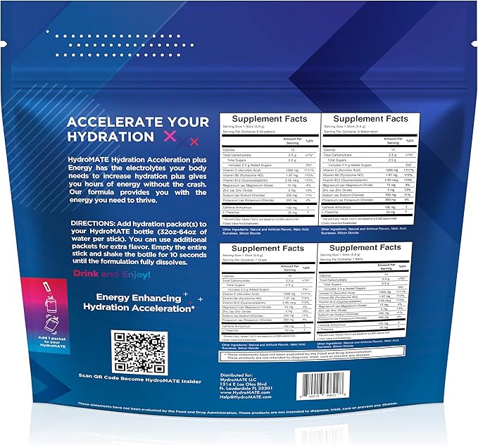 HydroMATE Electrolytes Powder Drink Mix Packets Hydration Accelerator Low Sugar Party Favors for Rapid Recovery Vitamin C Plus Caffeine Variety Pack 16 Sticks
