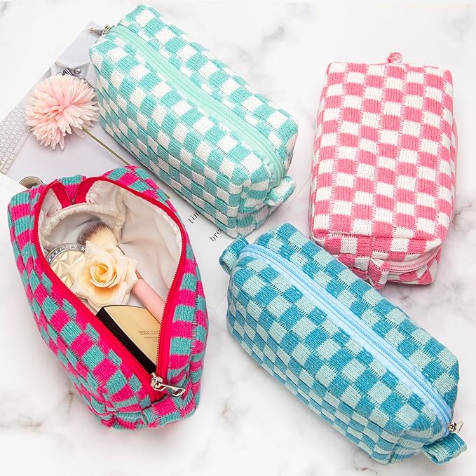 PAZIMIIK Checkered Makeup Bag for Purse Portable Zipper Make Up Pouch Small Cosmetic Case for Travel Accessories Lake Blue