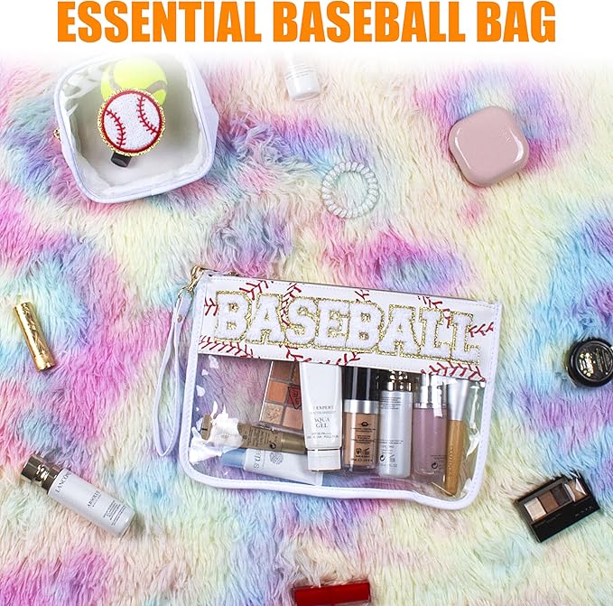 2 Pcs Baseball Gifts Cosmetic Makeup Bag with Chenille Letter Patch, Clear Pouch PVC Organizer Purse, Waterproof Travel Bag, Portable Toiletry Storage Bag for Her Girls Friends Women