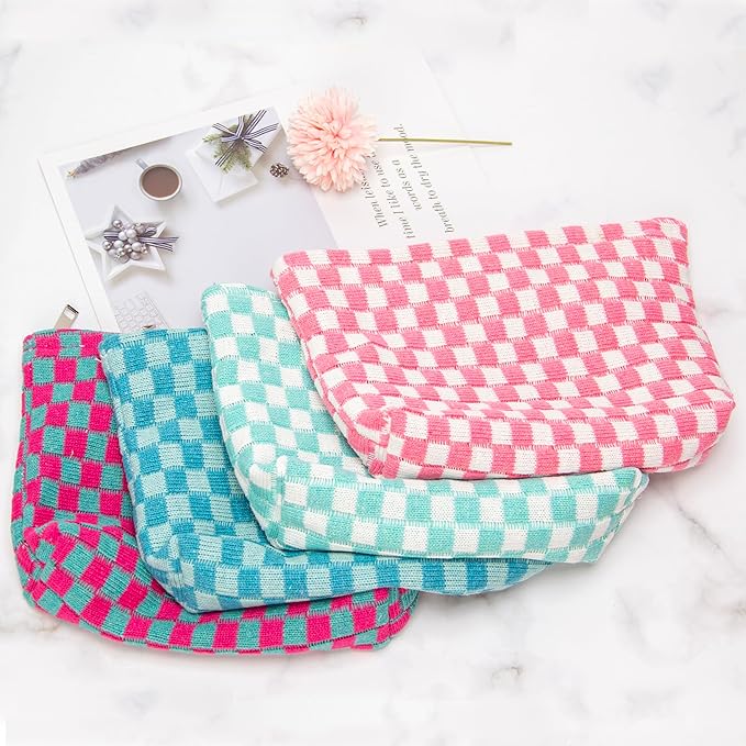 Knitted Checkered Makeup Bag Large Zipper Make Up Accessory Pouch for Purse Cosmetic Brush Bag for Travel Essential Pink White