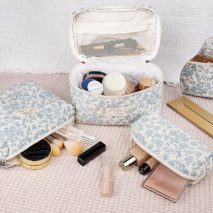 Makeup Bag Set, Quilted Floral Cosmetic Bags for Women, Cute Cotton Makeup Organizer, Travel Toiletry Bag Set (Navy Blue)