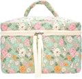 PAZIMIIK Quilted Makeup Bag Large Travel Zipper Soft Cosmetic Case for Women Girls Make Up,Green Flower