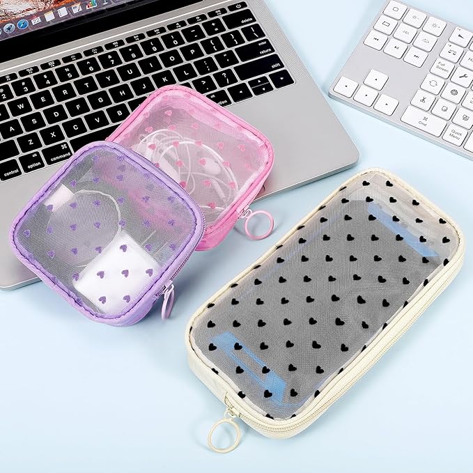 4 Pieces Mini Zipper Nylon Mesh Pouch, Mesh Cosmetic Bags Makeup Bags, Multipurpose Travel Toiletry Bags for Office Supplies and Travel Accessories (Multicolored 01, M)
